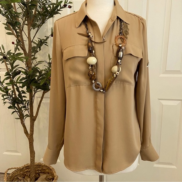 White House Black Market Tops - WHBM Tan Blouse, Adjustable Sleeves, Sophisticated Business Casual